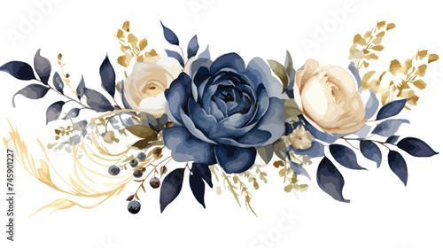 Watercolor Navy Blue Bouquet Gold Leaves Botanical C