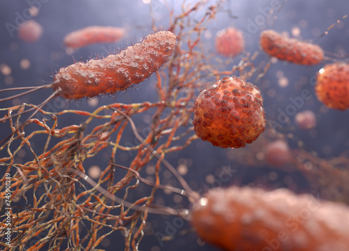 Microbe infection. Close-up of rod-shaped bacteria with flagella and viruses floating. 3d rendering.