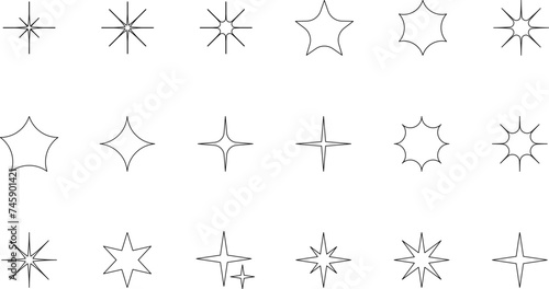 Minimalist line stars icon, twinkle star shape symbols. Minimalist silhouette stars icon set, twinkle shining star shape symbols, icons, elements. Modern geometric sparkle silhouettes sign vector.