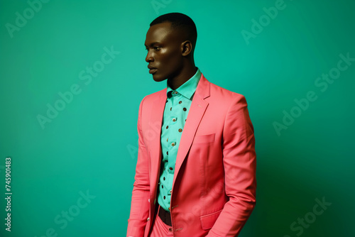 man in a pink suit against a teal background