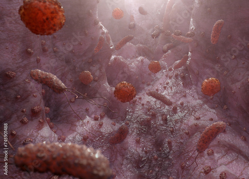 Rod bacteria, viruses and fungi flowing on mucous intestine membrane surface. 3D rendering of microbe infection.
