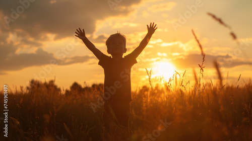A Little Boy Raises His Hands Above the Sunset.