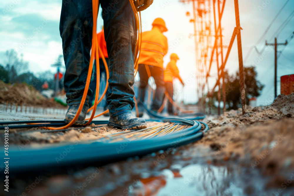 Lack of skilled workers. Electrician pulls cables at a construction site. Generative AI Lack of skilled workers. Electrician pulls cables at a construction site. Generative AI