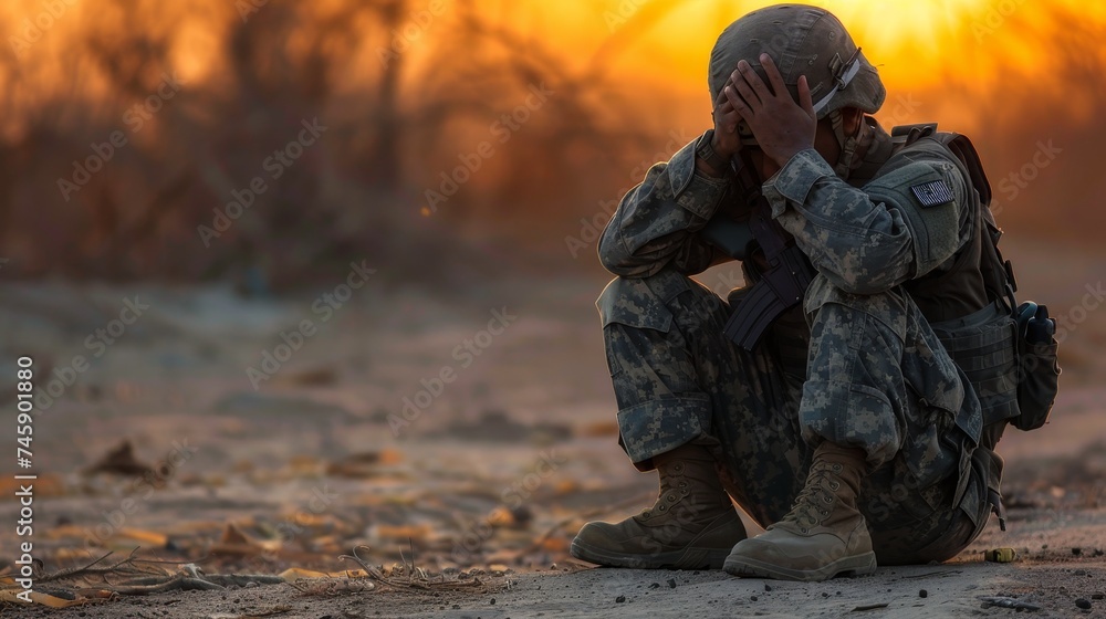 A military soldier holding his head with his hands feeling upset, traumatized and depressed. Destroyed houses in the background. A military soldier holding his head with his hands feeling upset, traumatized and depressed. Destroyed houses in the background.