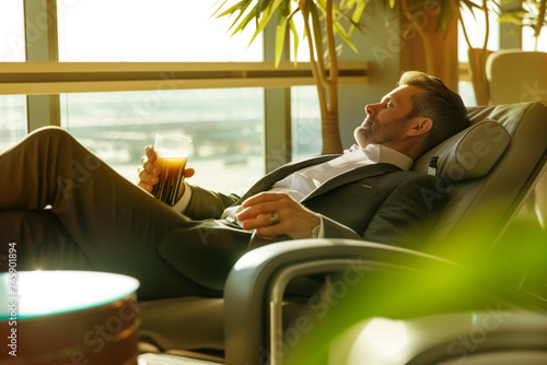 executive reclining in airport vip lounge with a beverage photo