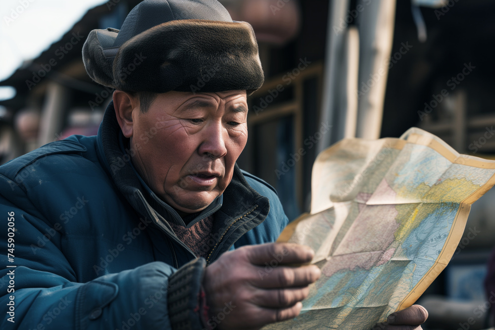 trader checking a map on a traditional silk route
