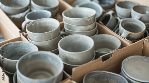 Entrepreneur sells dishes, plates and cups made of clay, ceramics online and packs them in boxes for sending to the delivery service. small business selling goods on the Internet.