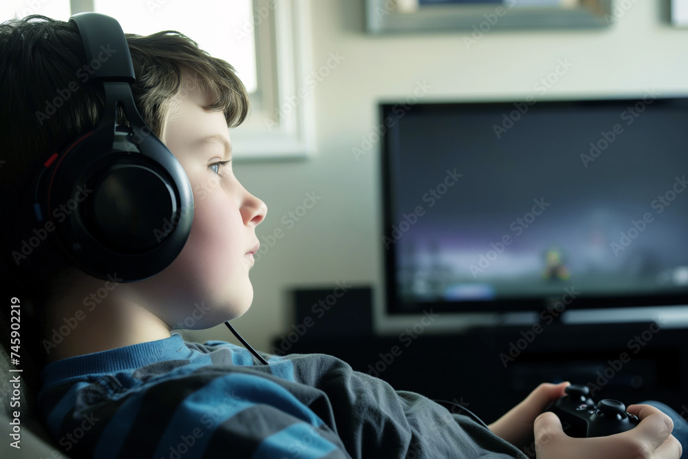 boy with headphones sits close to tv, gaming controller visible boy with headphones sits close to tv, gaming controller visible