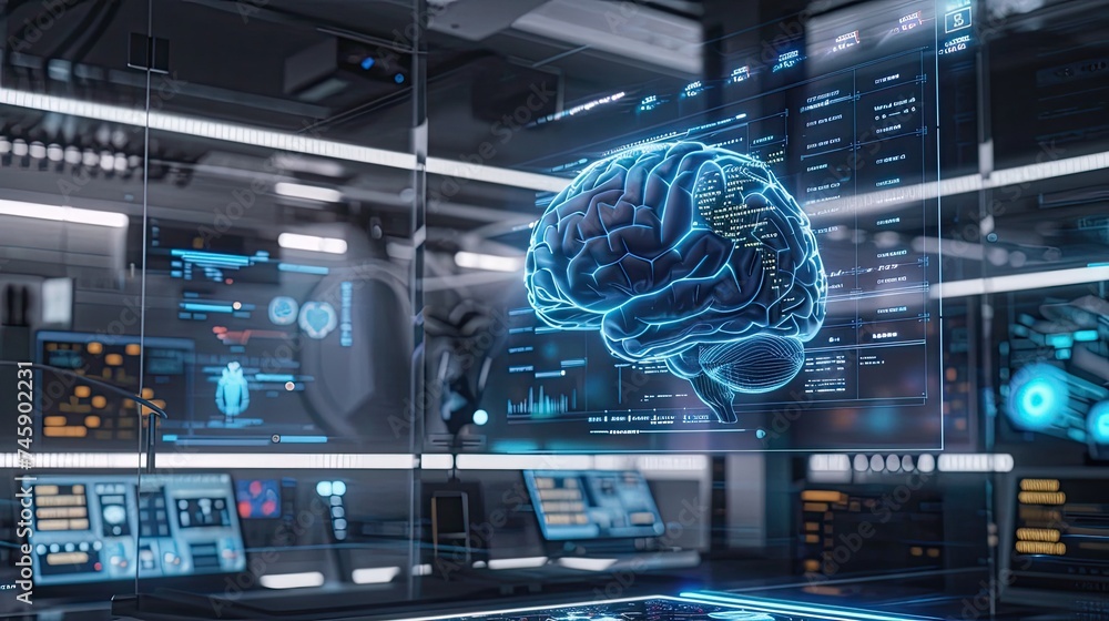 ฺฺBrain research medical technology. Modern Brain Study Laboratory and Monitors EEG Reading and Brain Model Functioning. Futuristic Holographic Interface, Showing Neurological Data.  - obrazy, fototapety, plakaty 