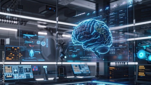 ฺฺBrain research medical technology. Modern Brain Study Laboratory and Monitors EEG Reading and Brain Model Functioning. Futuristic Holographic Interface, Showing Neurological Data. 