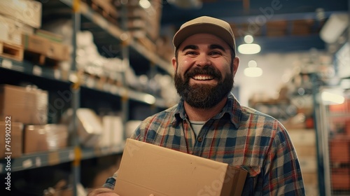 man with beard working at small business ecommerce holding packages smiling with a happy and cool smile on face. showing teeth