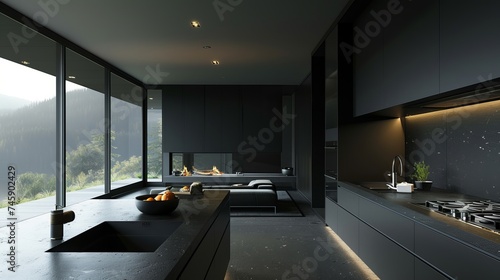 Minimalist black kitchen, sleek black countertops and minimalist decor create a sleek and inviting space for culinary adventures © Chand Abdurrafy