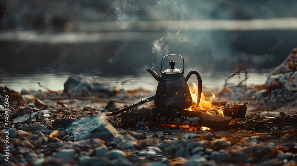 Coffee pot on campfire. Small kettle is heated on a bonfire. Hiking, travel in the mountains. Outdoor recreation concept. Coffee pot on campfire. Small kettle is heated on a bonfire. Hiking, travel in the mountains. Outdoor recreation concept.