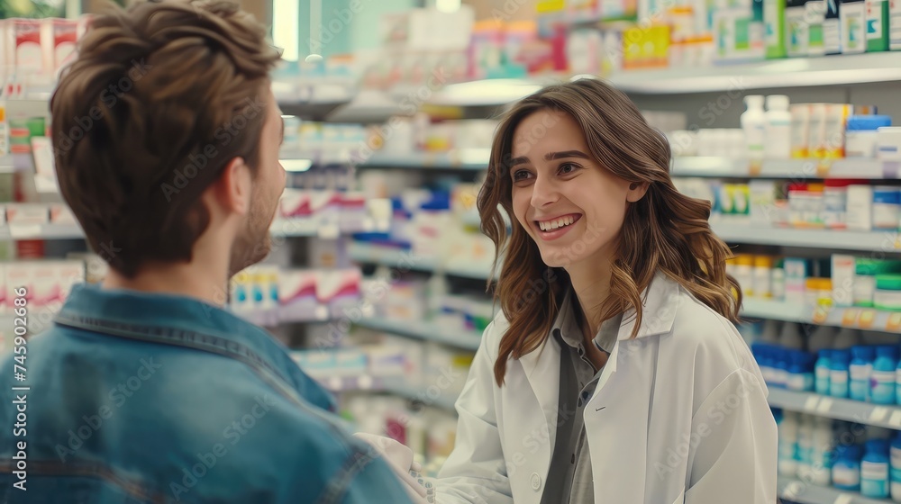Young happy pharmacist talking to male customer who is buying medicine in drugstore.