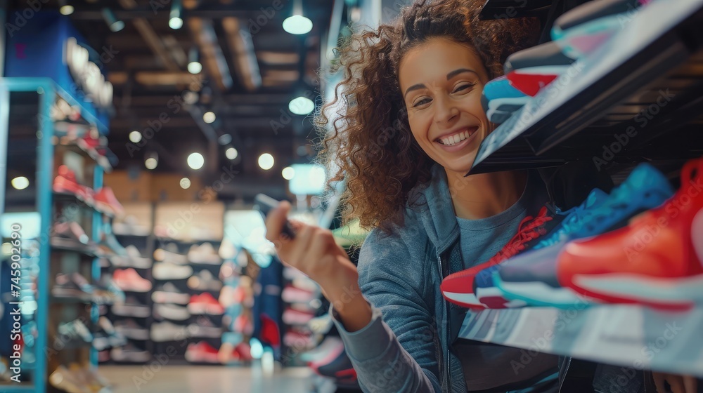 Young happy woman buying sports shoes at shopping mall. - obrazy, fototapety, plakaty 