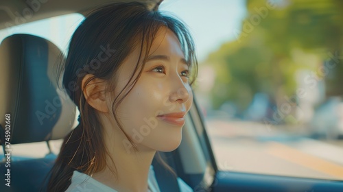 Young beautiful asian women buying new car. she was standing in near car on the roadside. Smiling female driving vehicle on the road on a bright day © buraratn