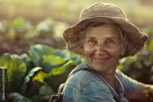 Elderly happy woman modern farmer working on the vegetable farm