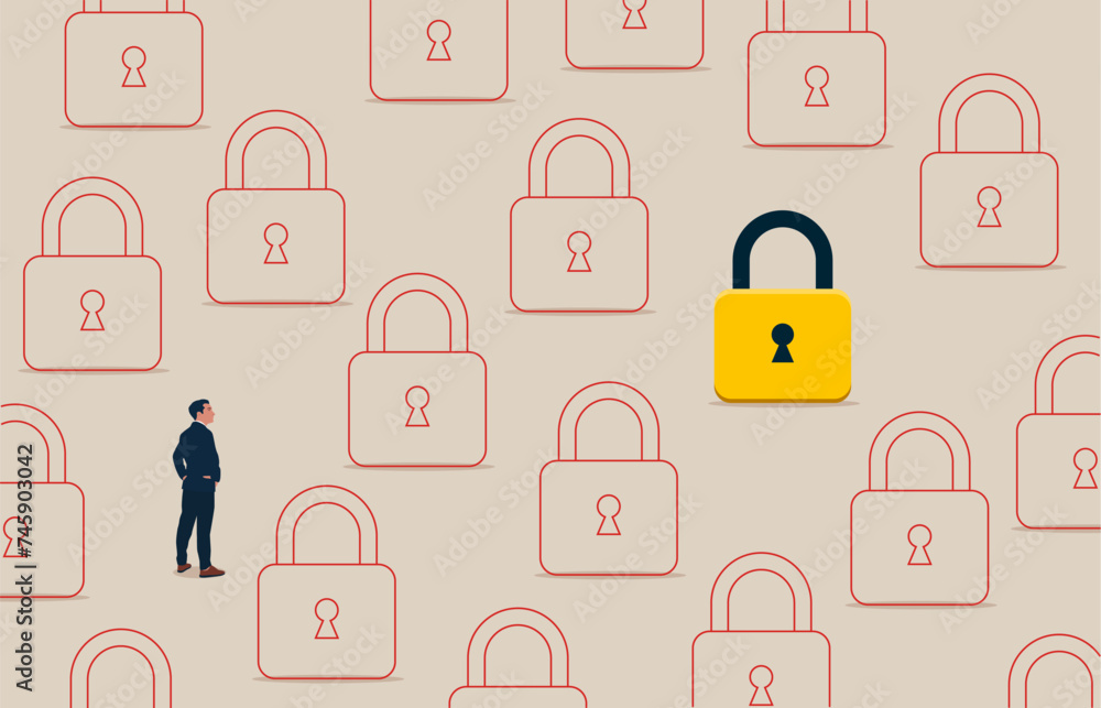 Smart businessman decides business, finding new lock. Unlock business accessibility. Solve business problem, professional to give solutions. Vector illustration concept. Smart businessman decides business, finding new lock. Unlock business accessibility. Solve business problem, professional to give solutions. Vector illustration concept.