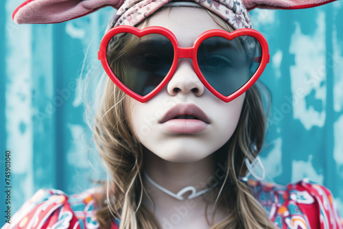 fashionable teen with bunny ears headband and heartshaped sunglasses