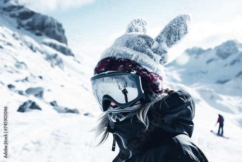 snowboarder in bunny beanie, reflecting goggles, on snowy mountain