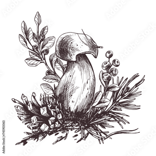 Forest porcini mushroom with larch, lingonberry, moss and cone. Graphic botanical illustration hand drawn in brown ink. For recipes, packaging, autumn festival, harvest. Isolated composition.