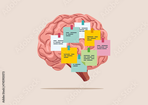 Goal on note. Brainstorming to gather new idea. Sticky notes on human brain. Flat vector illustration