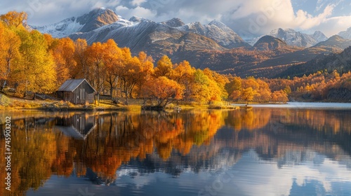Tranquil Autumn Panorama: Golden Sunlight on Colorful Mountains with Lake Reflections © Landscape Planet