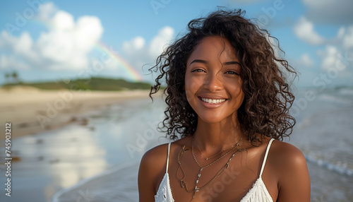 beautiful brown brazilian woman on the beach with curly hair