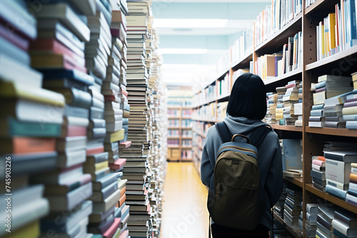 student stopping at a library aisle blocked with stacks of books © Natalia
