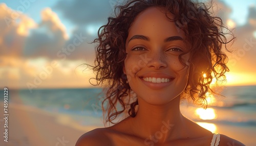 beautiful brown brazilian woman on the beach with curly hair