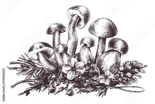 Mushrooms forest boletus with grass, blueberries, moss and cone. Graphic botanical illustration hand drawn in brown ink. For recipes, packaging, autumn festival, harvest. Isolated composition