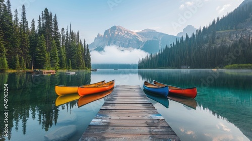 Early Adventure Awaits: Colorful Canoes Ready by Pine-Bordered Lake with Symmetric Mountain Reflection