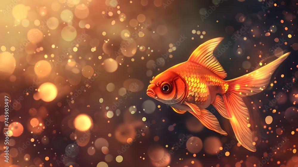 Close-up of a beautiful glowing goldfish, bokeh background. digital art