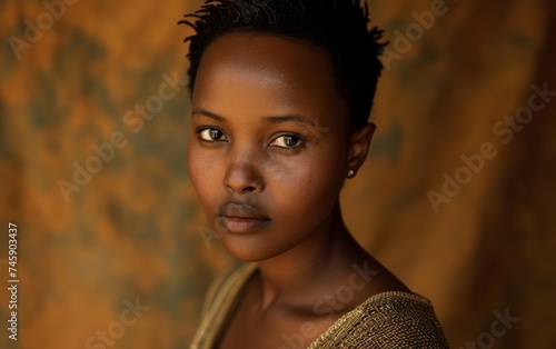 young adult stage, Southern African individual. Illuminate them againstA ochre background with professional lighting, Their faces should express empathy photo