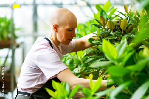 bald woman working in a botanical research greenhouse
