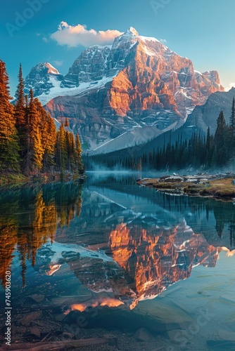 Majestic Peak Reflections  Tranquil Dawn Glow Over Serene Mountain Waters