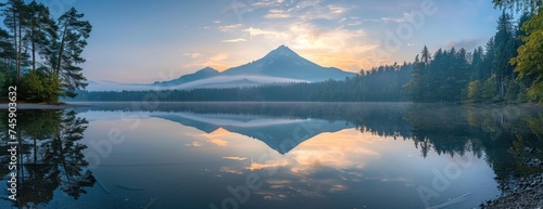 Majestic Peak Reflections: Tranquil Dawn Glow Over Serene Mountain Waters