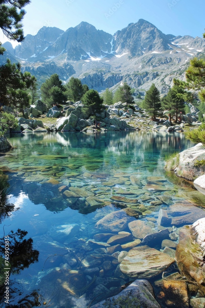 Pristine Mountain Lake with Ancient Pines and Rugged Mountains
