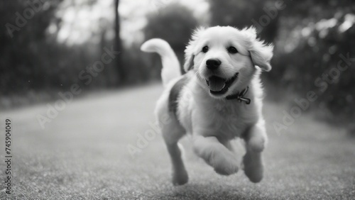 golden retriever puppy black and white running with happy puppy. 