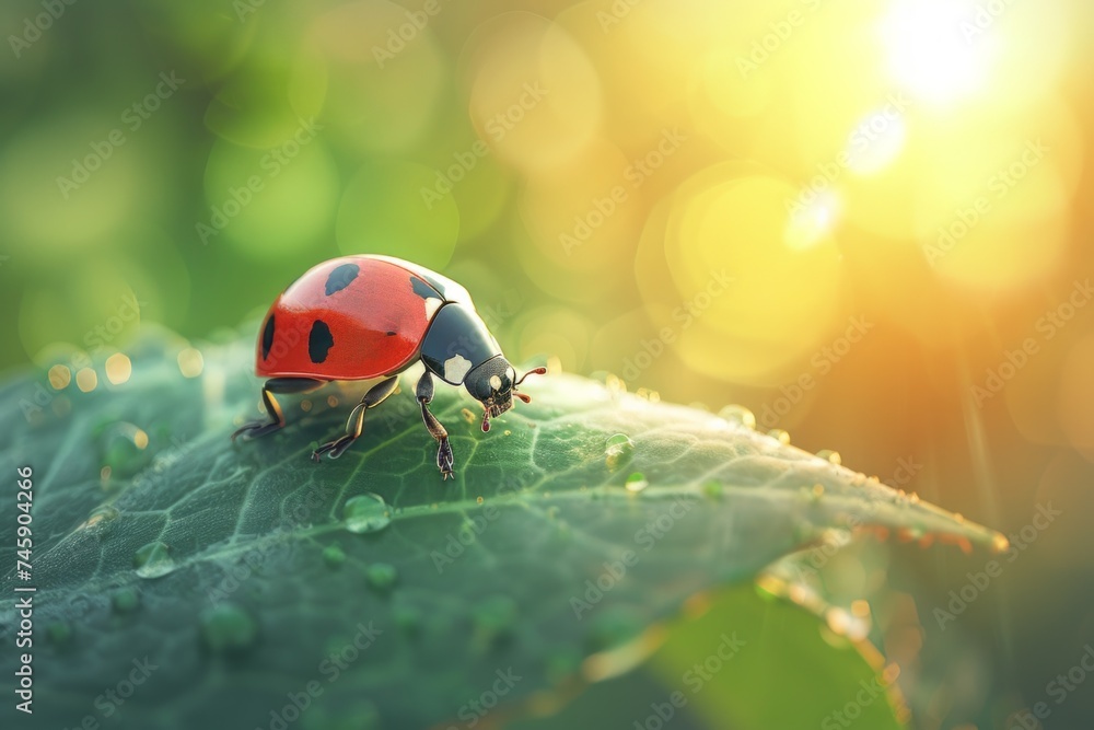 Ladybug Resting on Top of a Green Leaf
