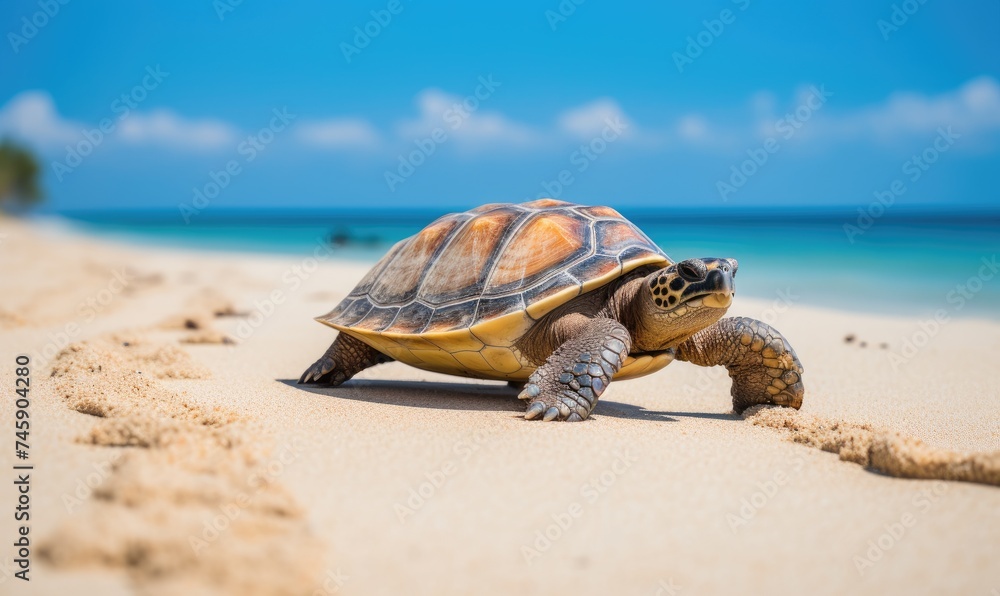 A Serene Journey: A Small Turtle Meandering Along the Sandy Shoreline