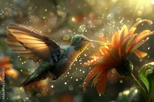 Hummingbird Flying Towards Dewy Flower