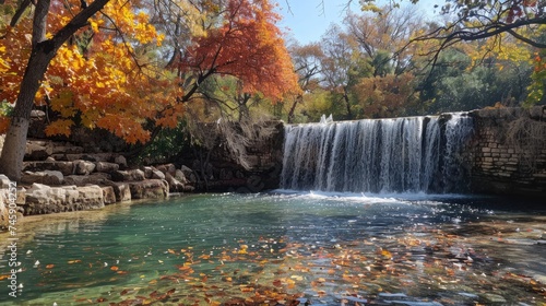 Cascading Water into a Turquoise Pool with Autumn's Fiery Palette