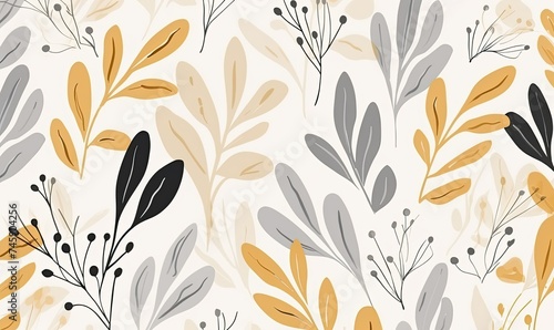 Pattern of Yellow and Grey Leaves on a White Canvas
