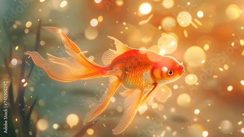 Close-up of a beautiful glowing goldfish, bokeh background. digital art © Ziyan Yang