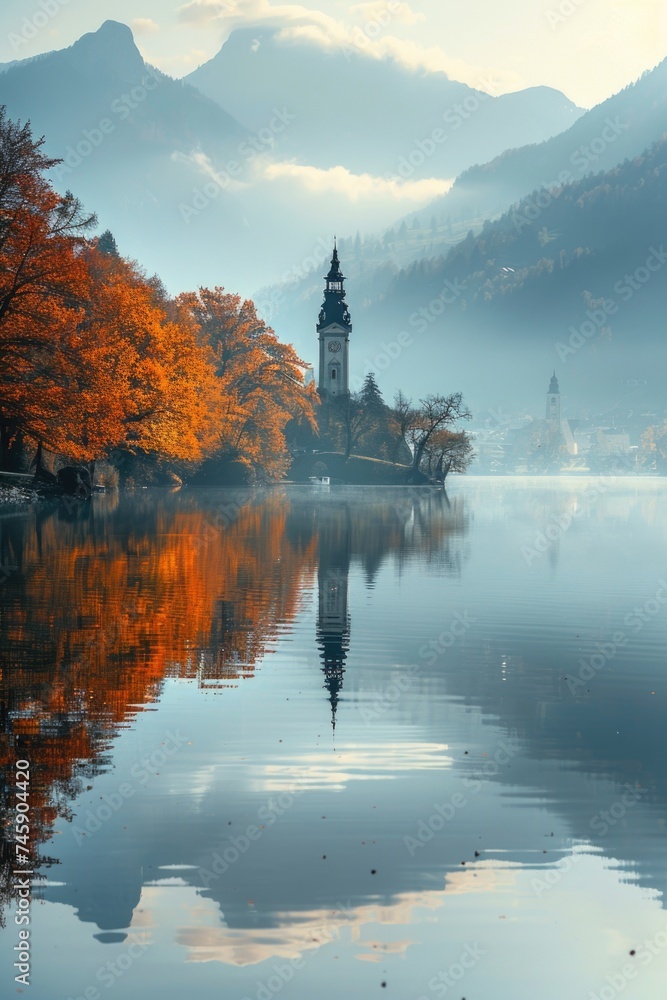 Fototapeta premium Mist-Cloaked Mountains and Autumn Palette at a Lake with Monumental Statue