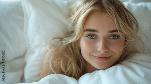 Smiling beautiful blond woman strong embracing her white bedroom pillow. Side view before sleeping, Generative AI
