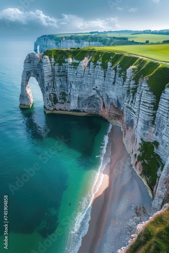 Aerial Shot of Chalk Cliffs and Arches Over Azure Sea with Lush Green Fields