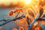 Two Ants Crawling on a Branch With Sun in Background