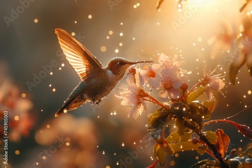 Hummingbird Hovering Over Flower in Sunlight